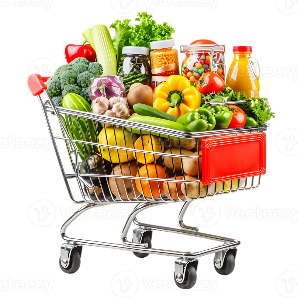Shopping cart filled with grocery items and vegetables isolated on a transparent background png