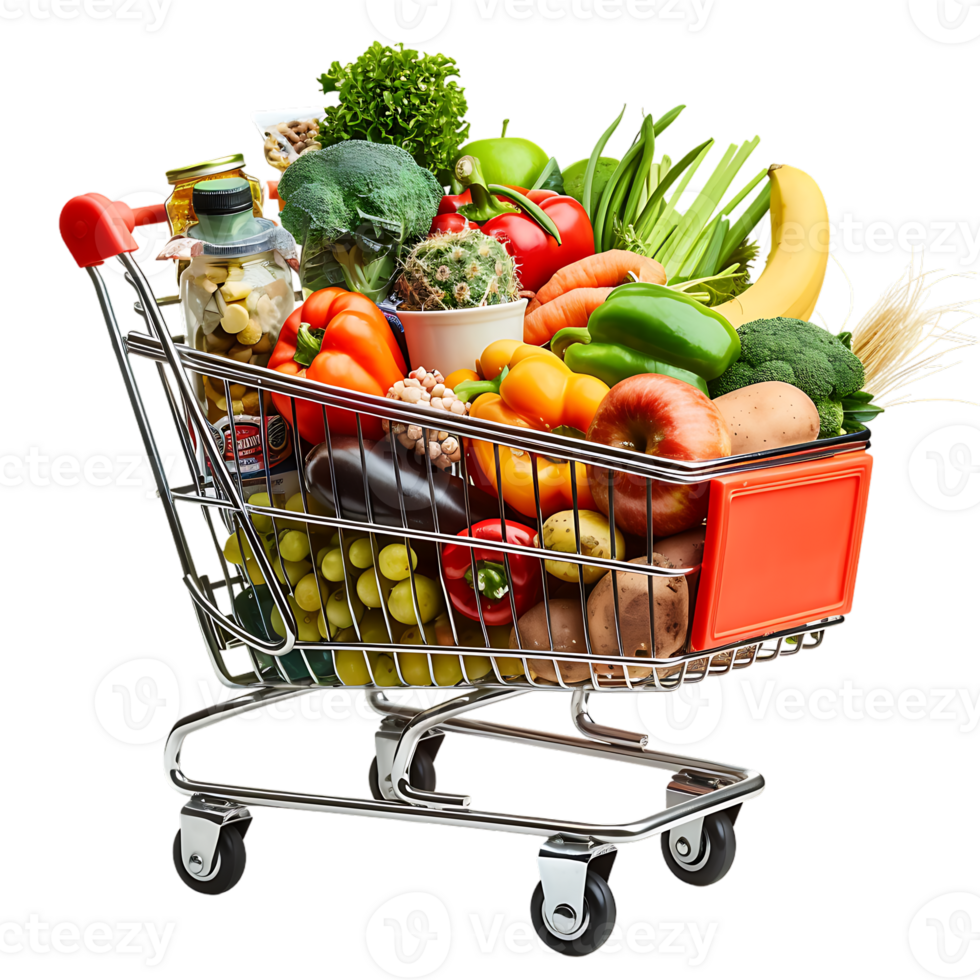 Shopping cart filled with grocery items and vegetables isolated on a transparent background png