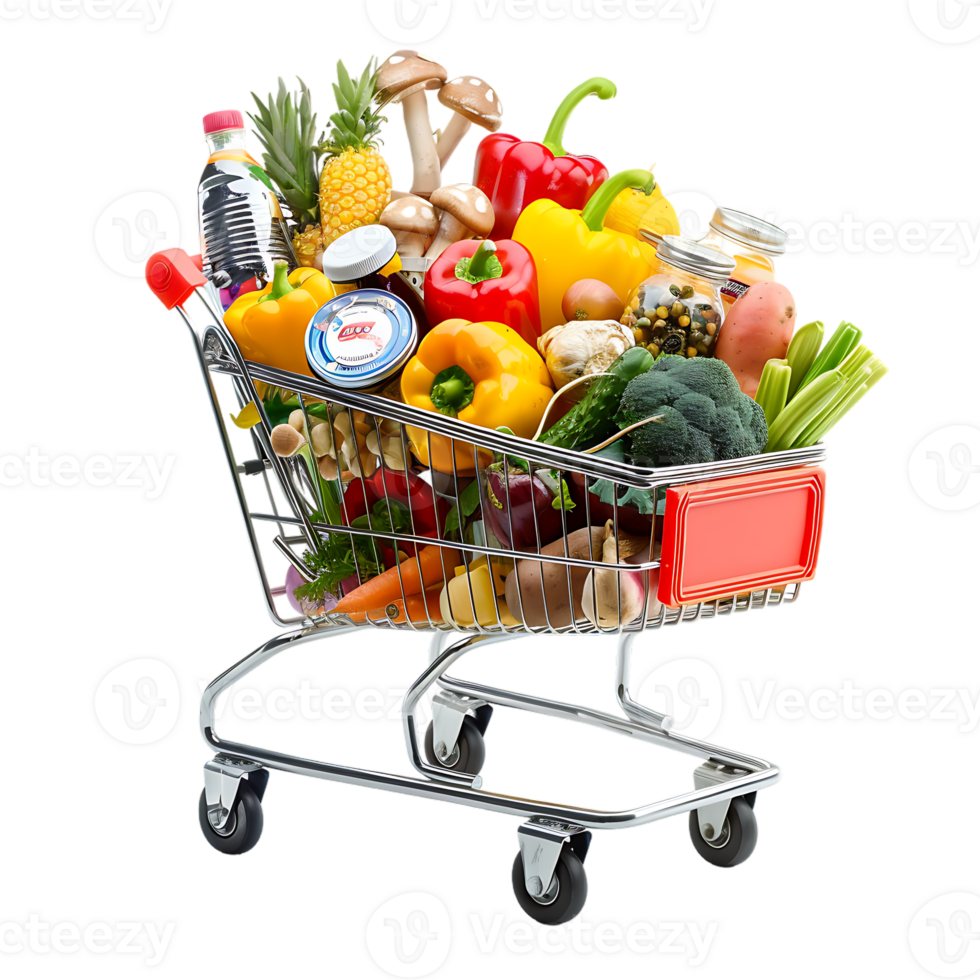 Shopping cart filled with grocery items and vegetables isolated on a transparent background png