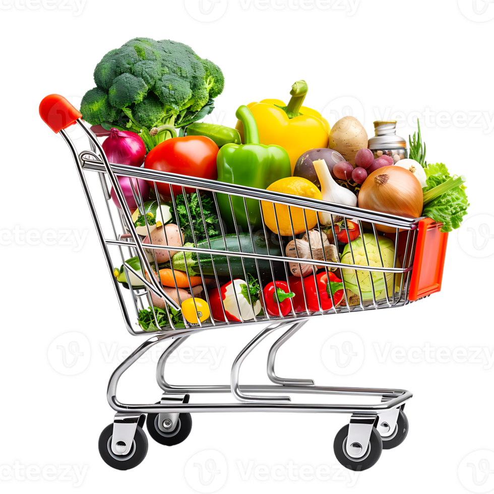 Shopping cart filled with grocery items and vegetables isolated on a transparent background png