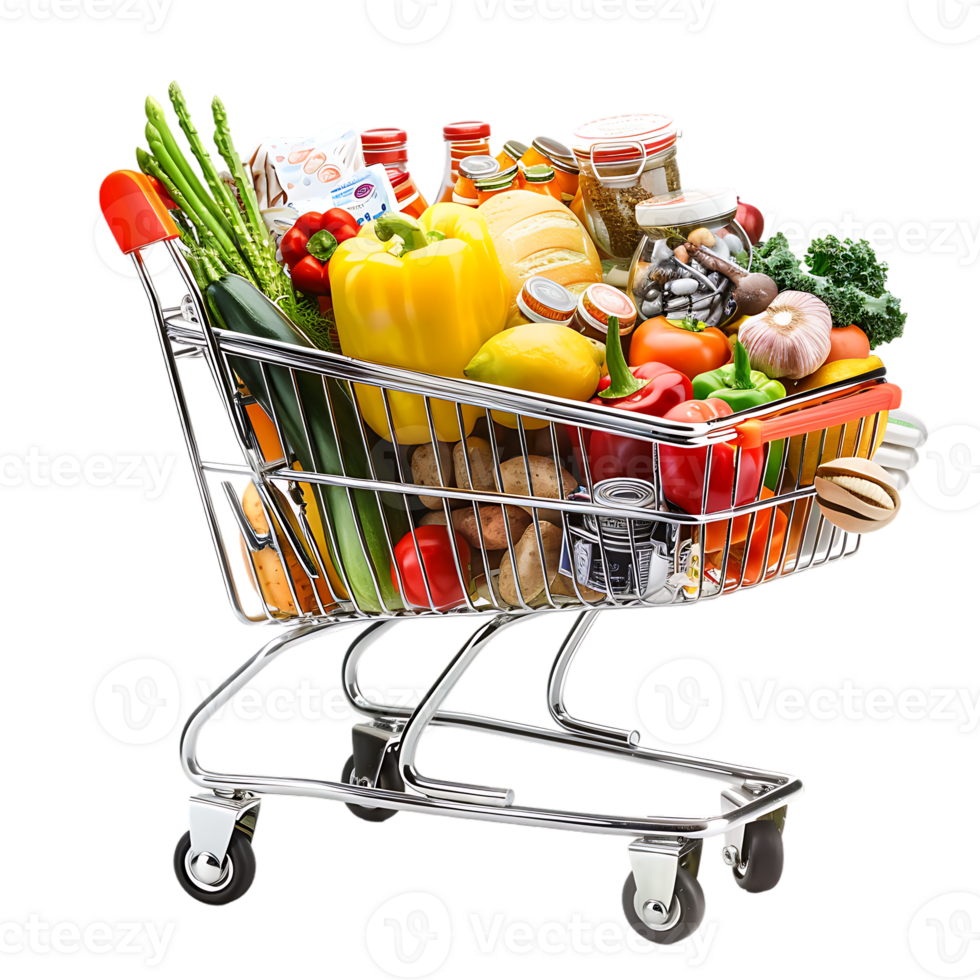 Shopping cart filled with grocery items and vegetables isolated on a transparent background png