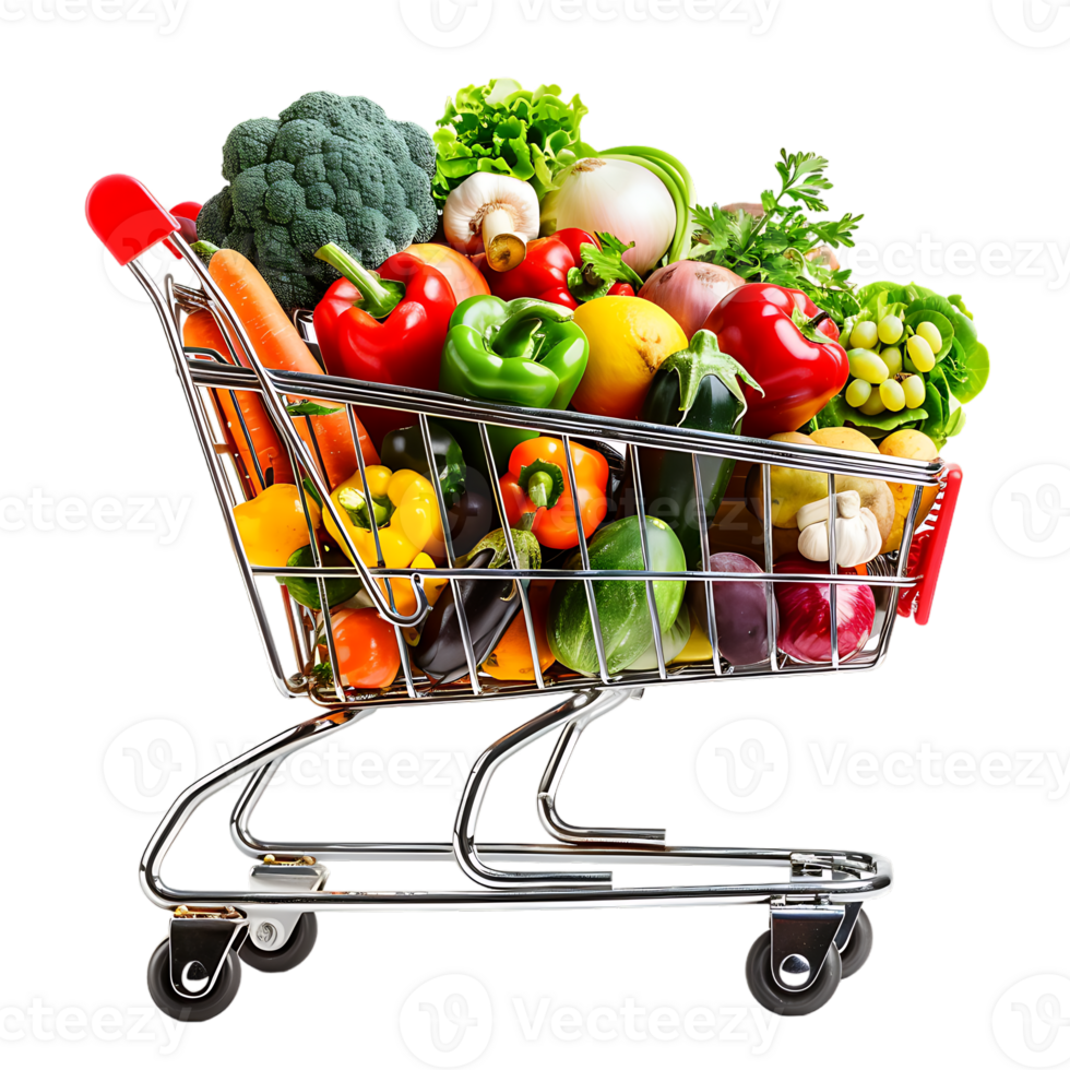 Shopping cart filled with grocery items and vegetables isolated on a transparent background png