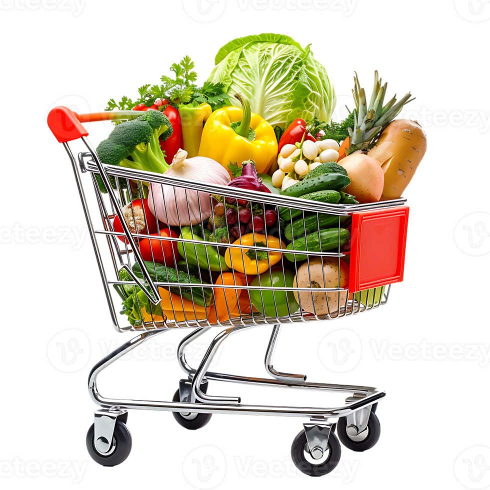 Shopping cart filled with grocery items and vegetables isolated on a transparent background png