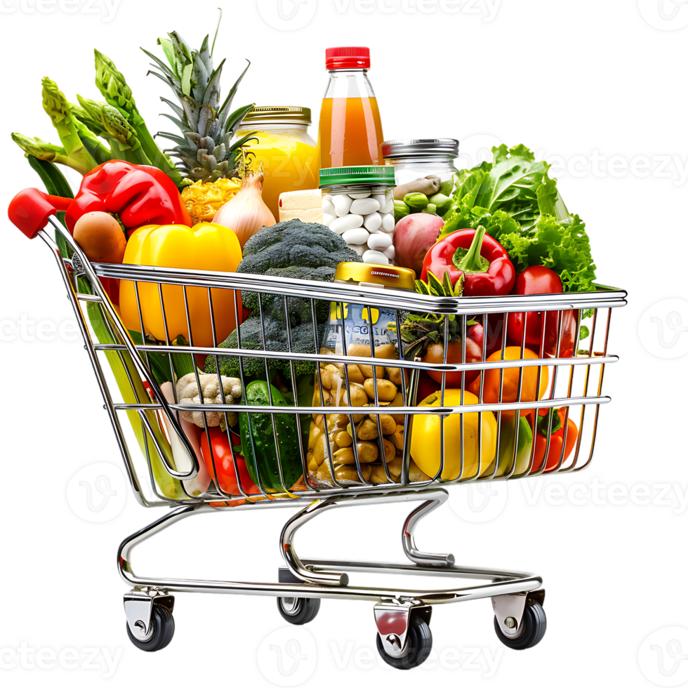 Shopping cart filled with grocery items and vegetables isolated on a transparent background png