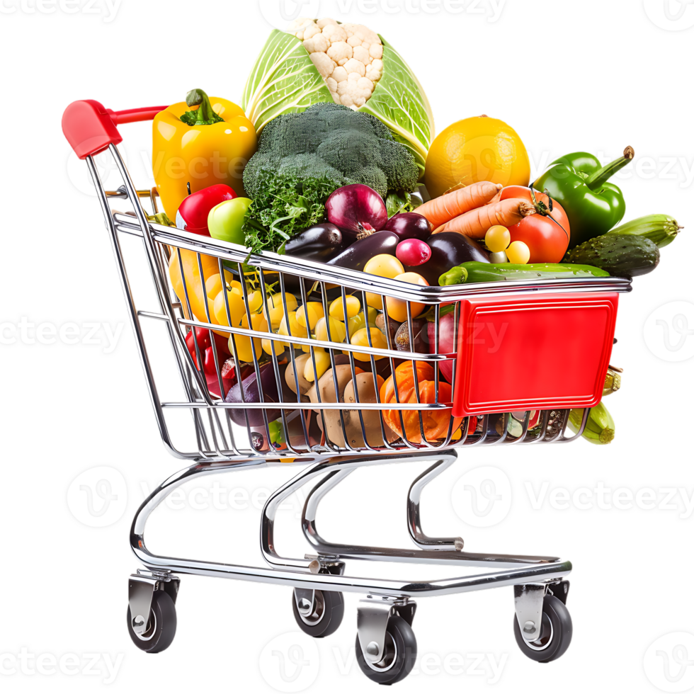 Shopping cart filled with grocery items and vegetables isolated on a transparent background png