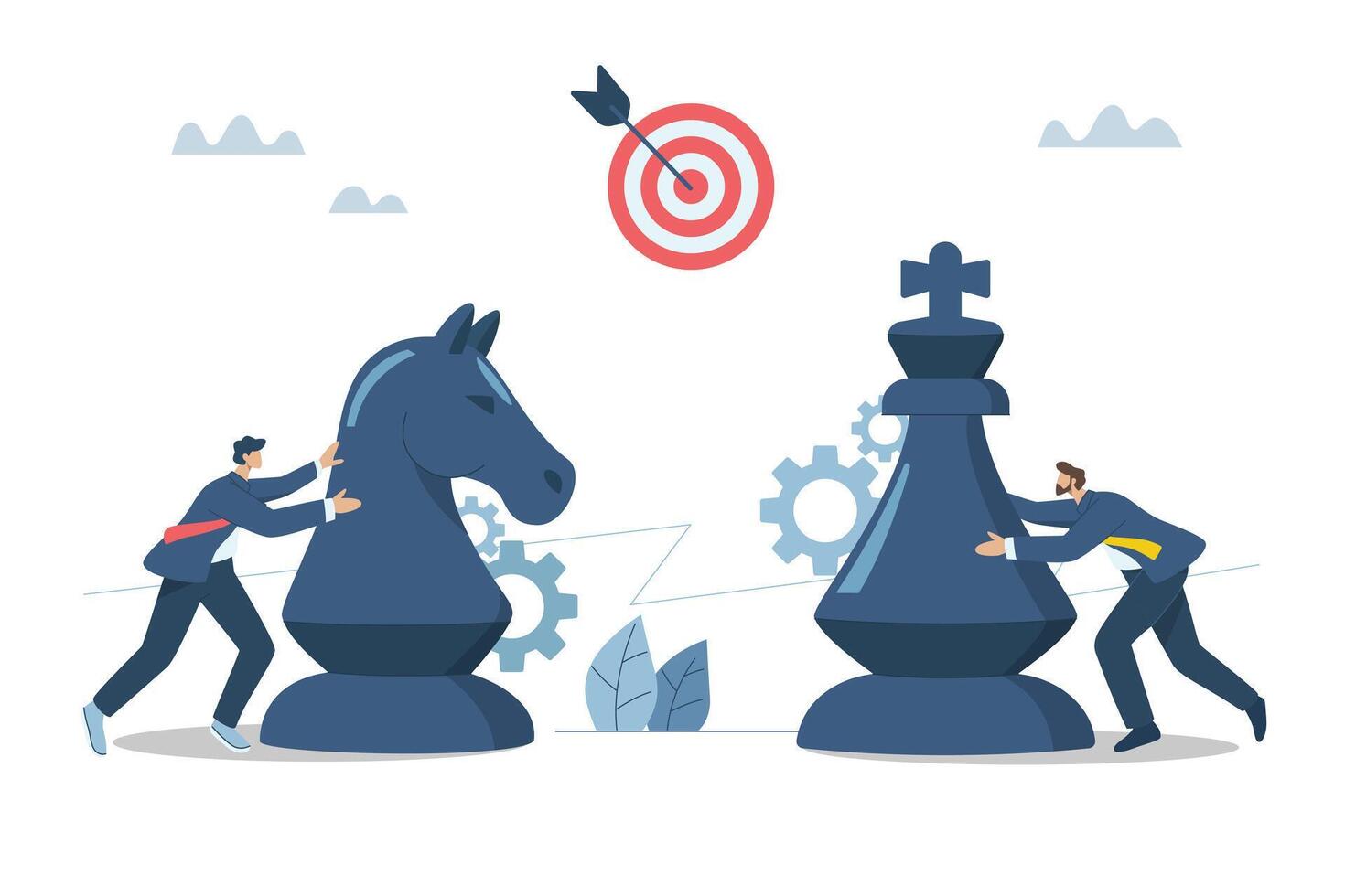 Planning for business goals, Strategizing to compete with competitors, Business confrontation, Businessman moving a large chess piece against a business competitor. design illustration. vector