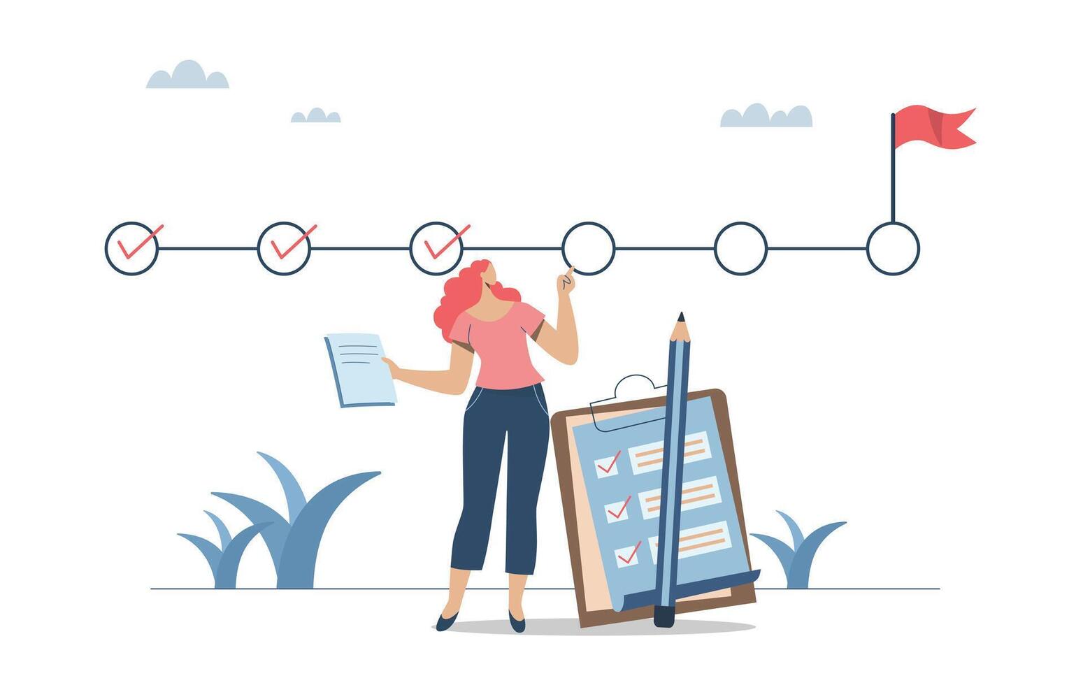 Monitoring and inspecting important project work, Checking the progress of the project, Project management timeline planning, Female project manager with data checking project progress. vector