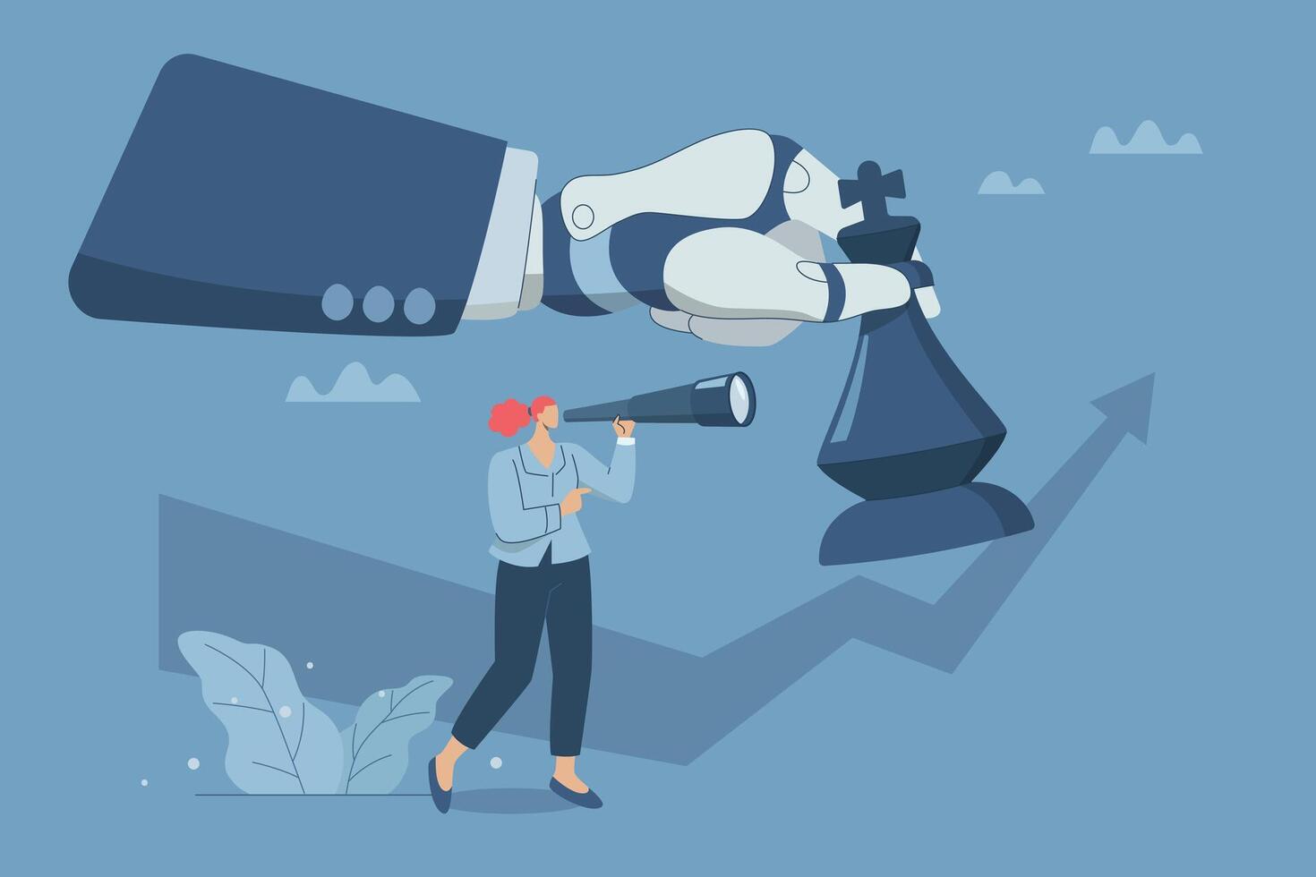 Support of AI, Finding strategies and planning business competitions, Working with artificial intelligence, Businesswoman uses binoculars to find business strategies with robot hands holding chess. vector