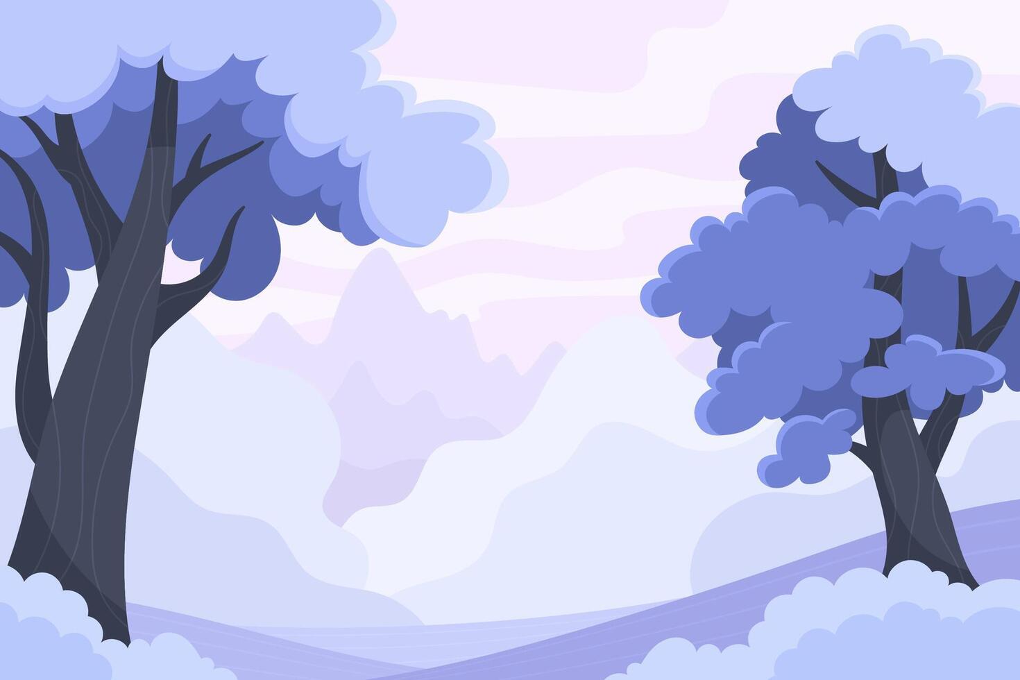 Beautiful winter landscape in cartoon flat style. Mountains, fields and hills top view vector