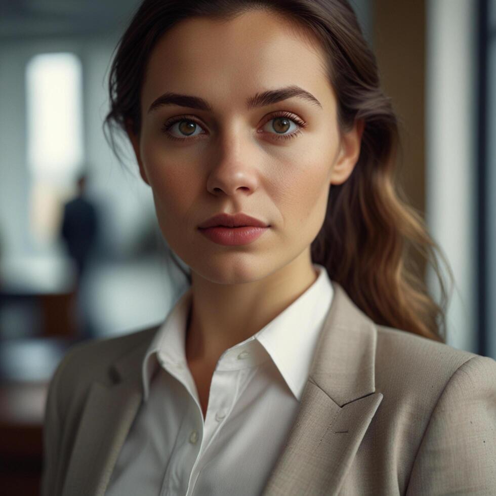 Beautiful Girl Model In Cream Business Suit photo