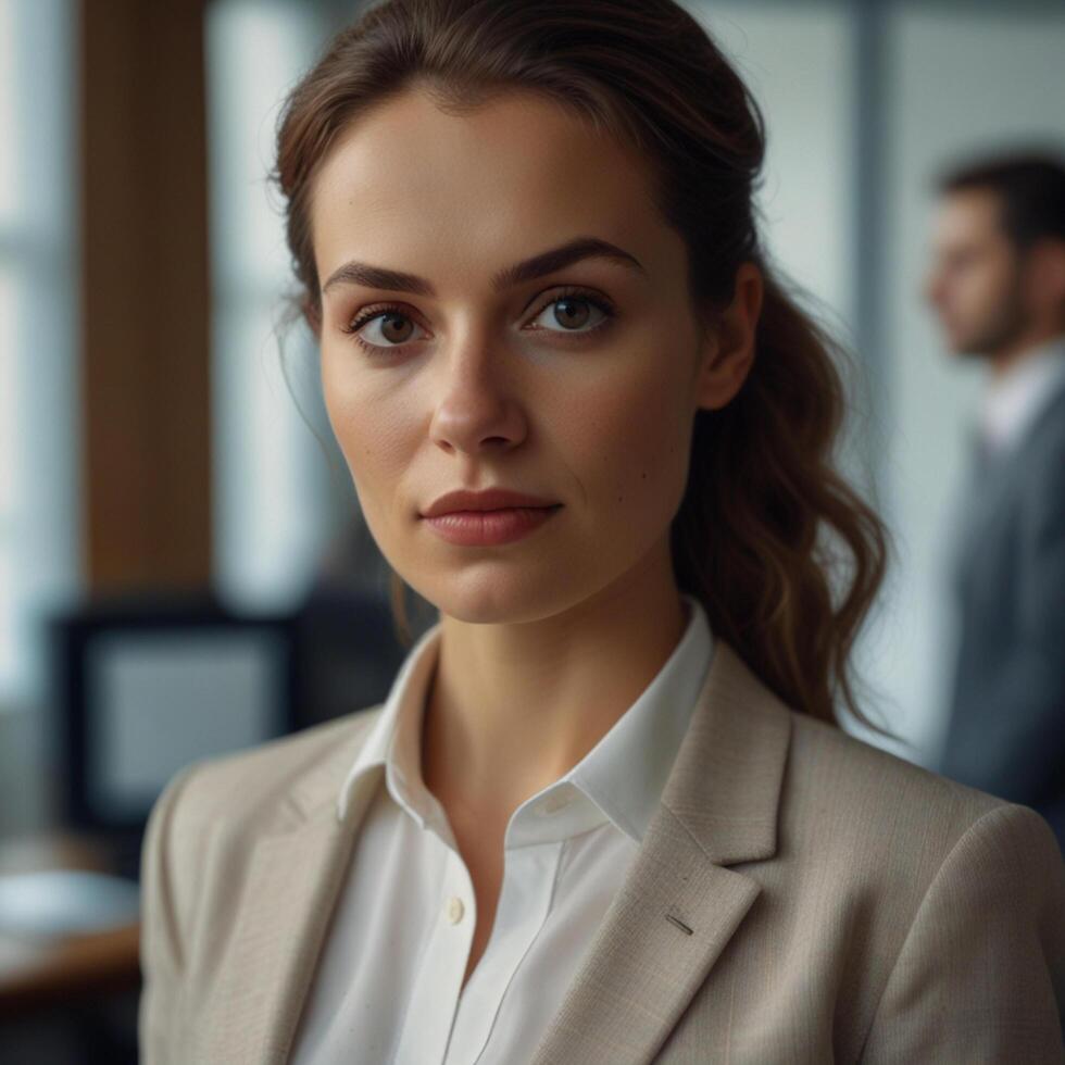 Beautiful Girl Model In Cream Business Suit photo