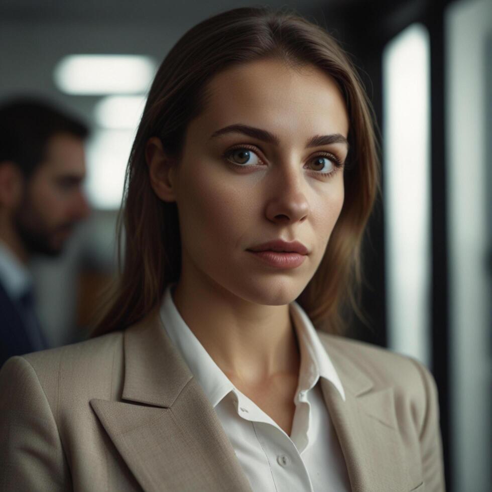 Beautiful Girl Model In Cream Business Suit photo