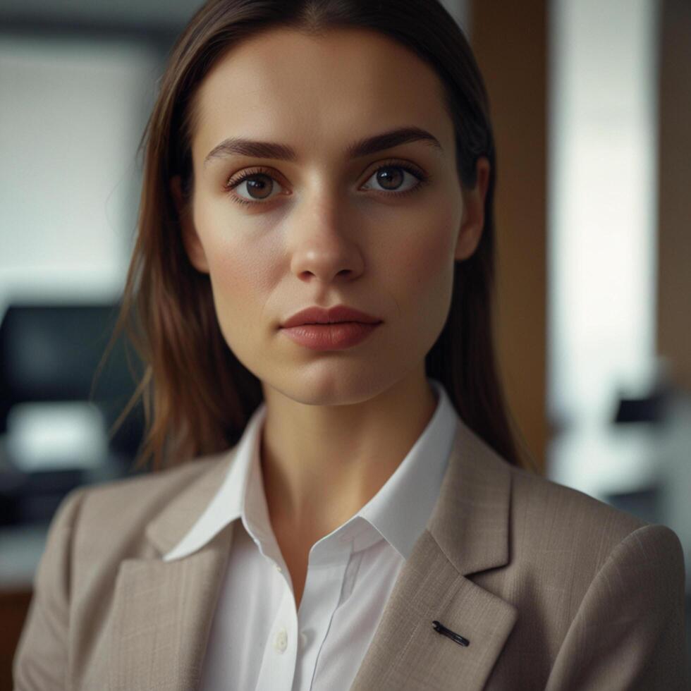 Beautiful Girl Model In Cream Business Suit photo