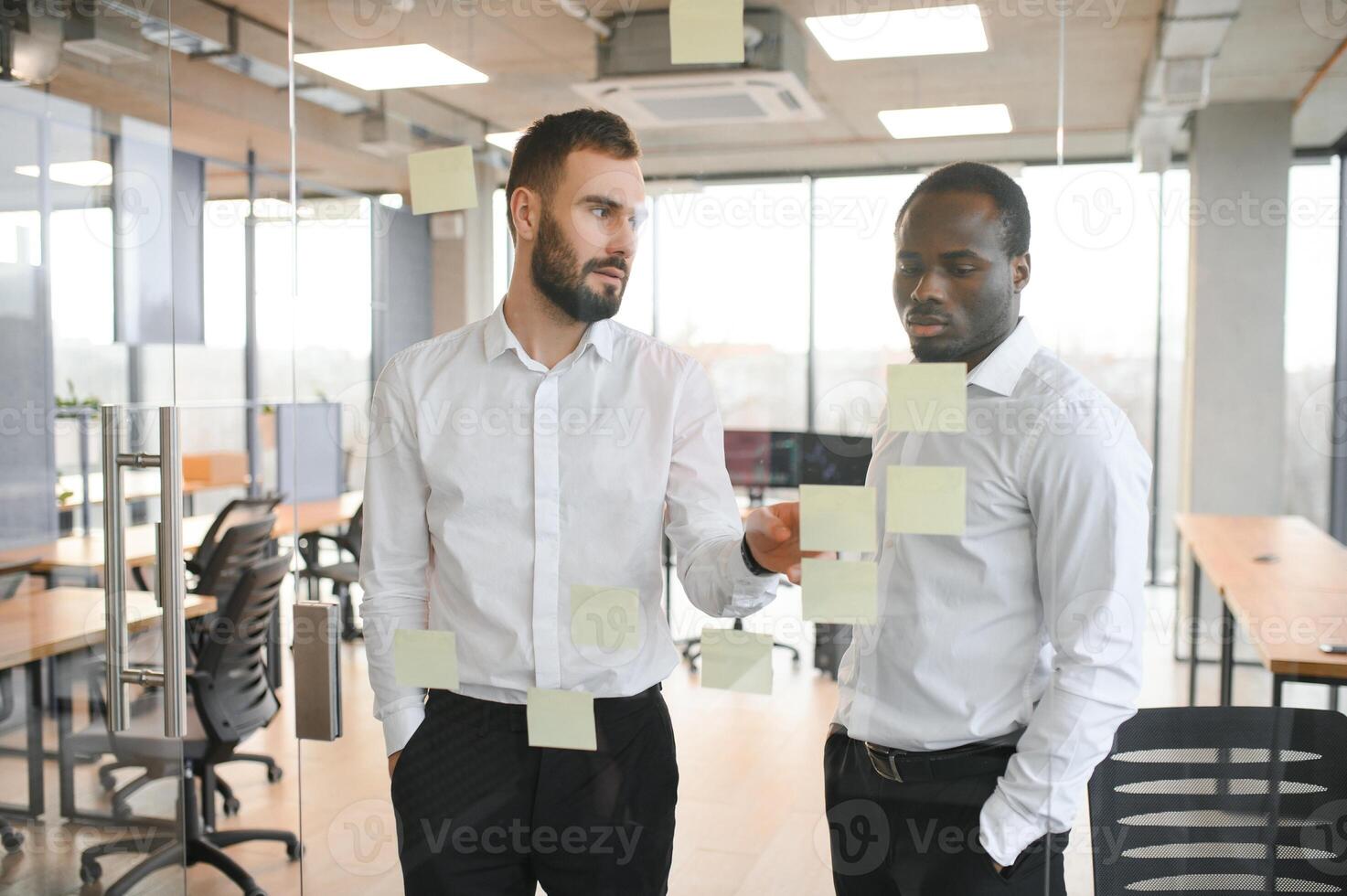 Corporate, sticky notes and business people planning a team mission, project or growth of business plan photo
