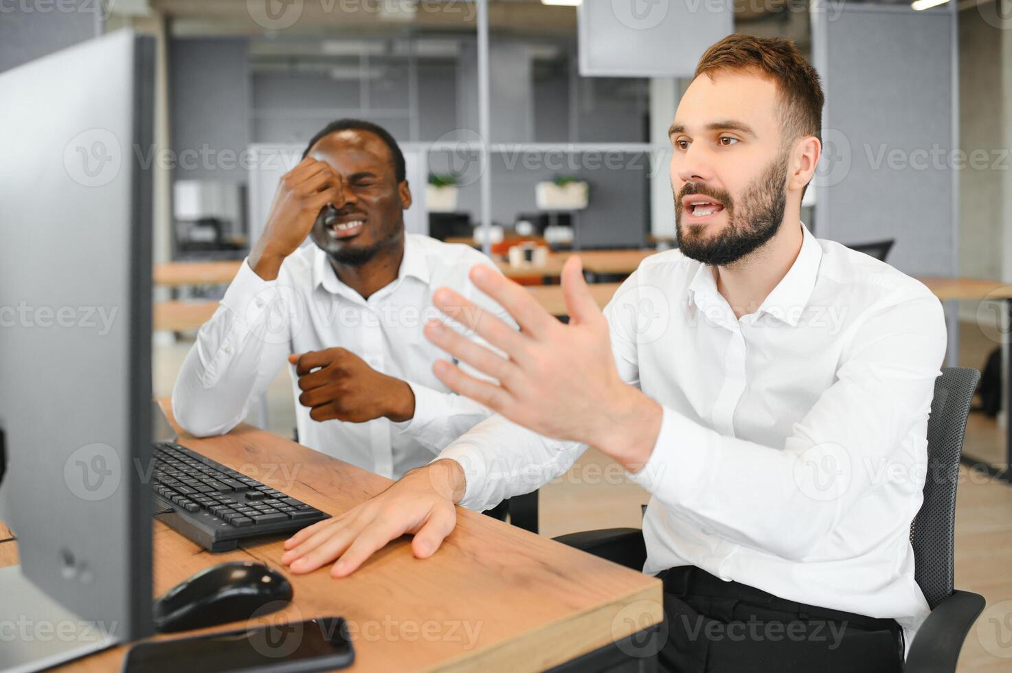 Two stock exchange traders getting profit in trading currency stock. Successful stock exchange showing financial benefit data on monitor screen at highest point of neon light at workplace. Sellable photo