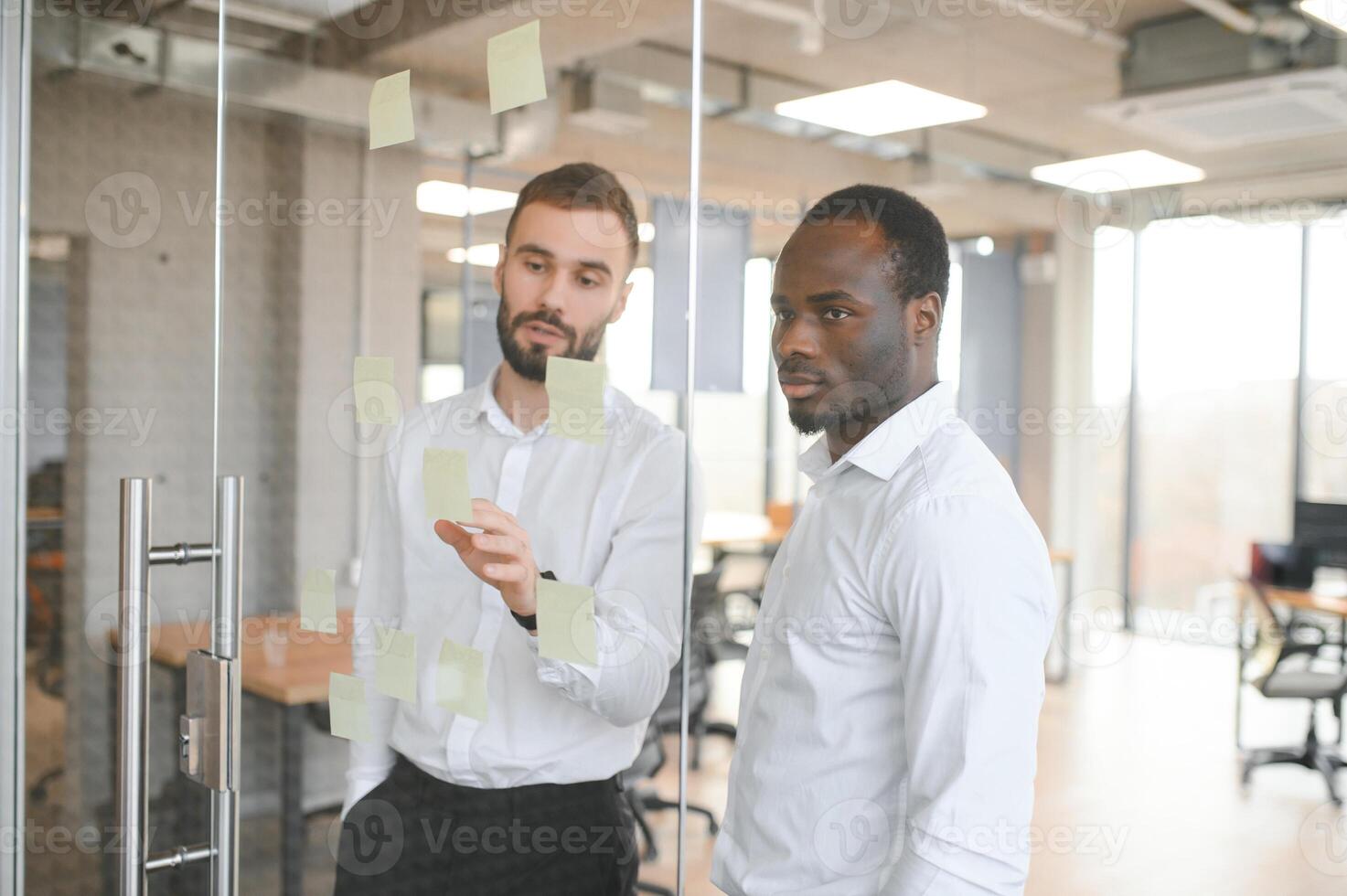 Corporate, sticky notes and business people planning a team mission, project or growth of business plan photo