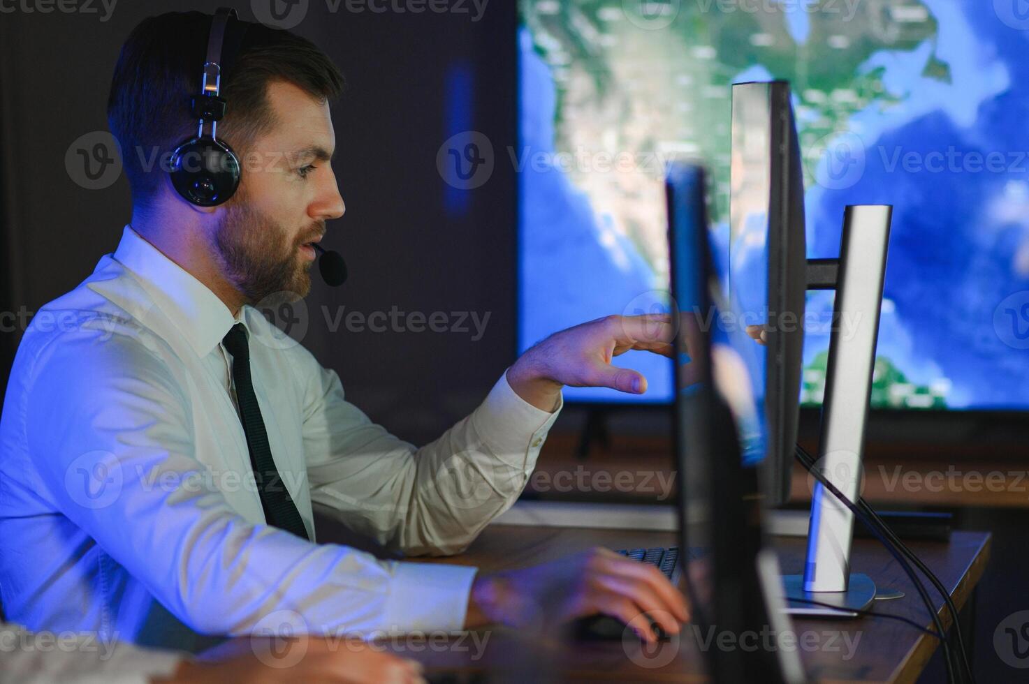 Police dispatch, communication headset and man talking, speaking and consulting with security photo