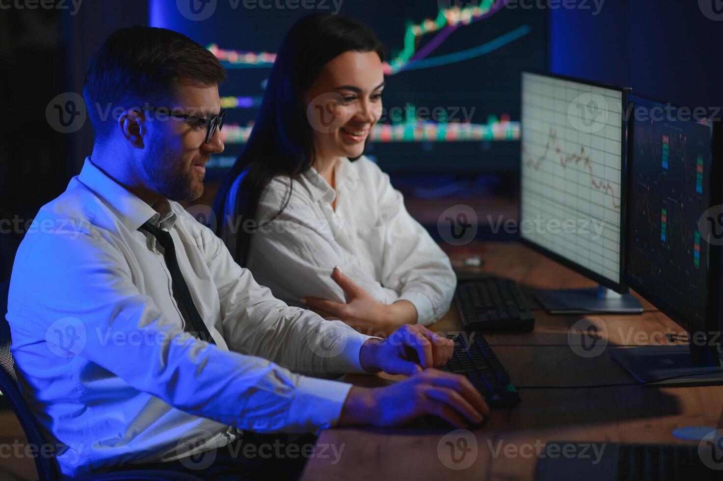 Business team investment working with computer, planning and analyzing graph stock market trading with stock chart data photo
