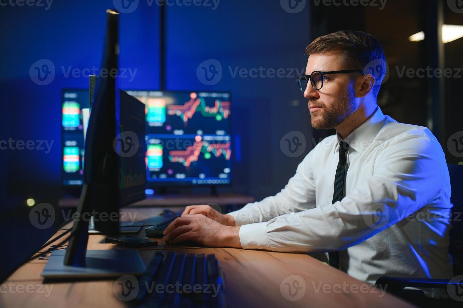 Crypto trader investor analyst looking at computer screen analyzing financial photo