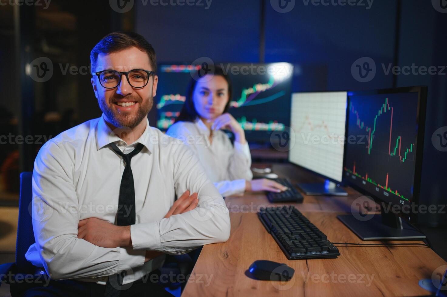 Business team investment working with computer, planning and analyzing graph stock market trading with stock chart data photo