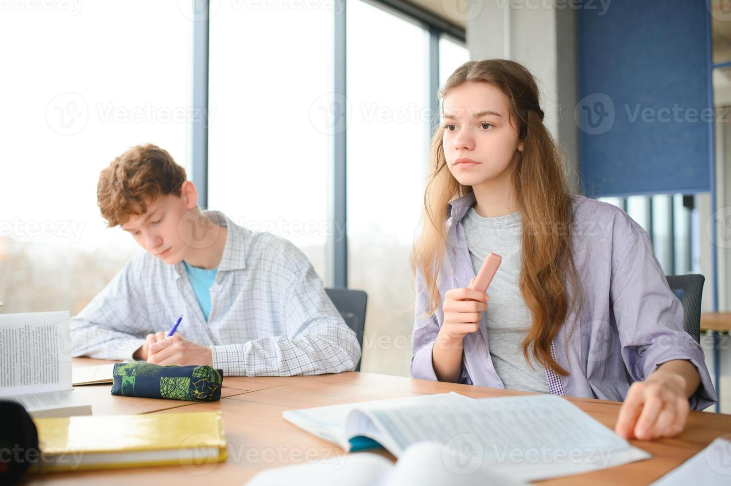 Students studying in library or classroom photo