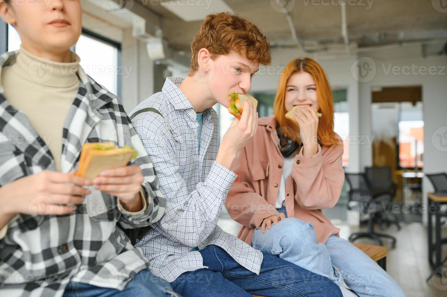 A group of young students having a lunch break together and eating sandwiches photo