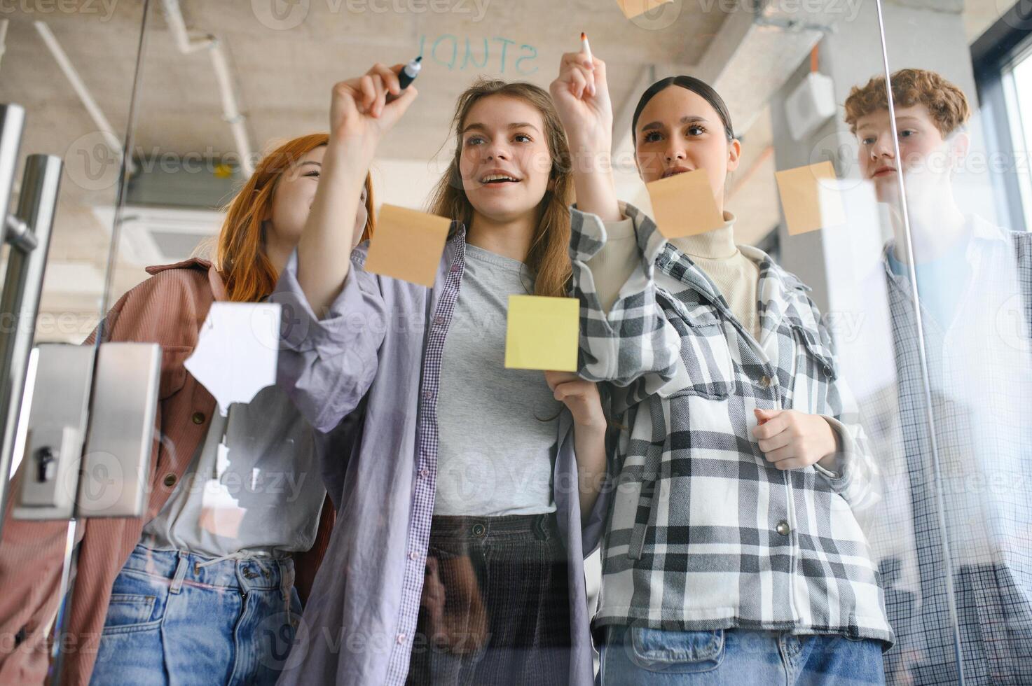 students discuss university assignments together photo
