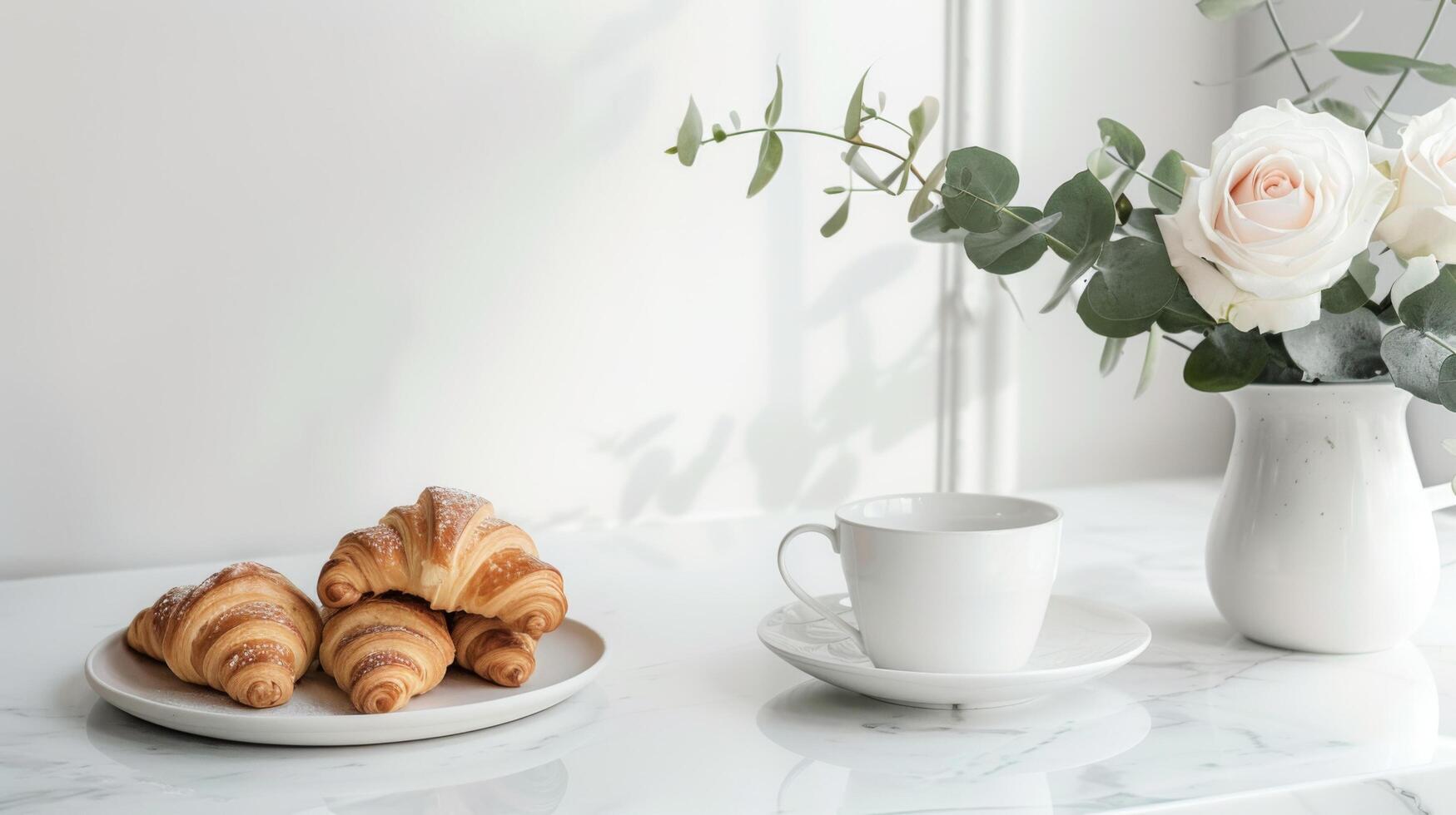 On a white marble table there is a vase with white roses, aromatic coffee in a cup, crispy fresh croissants photo