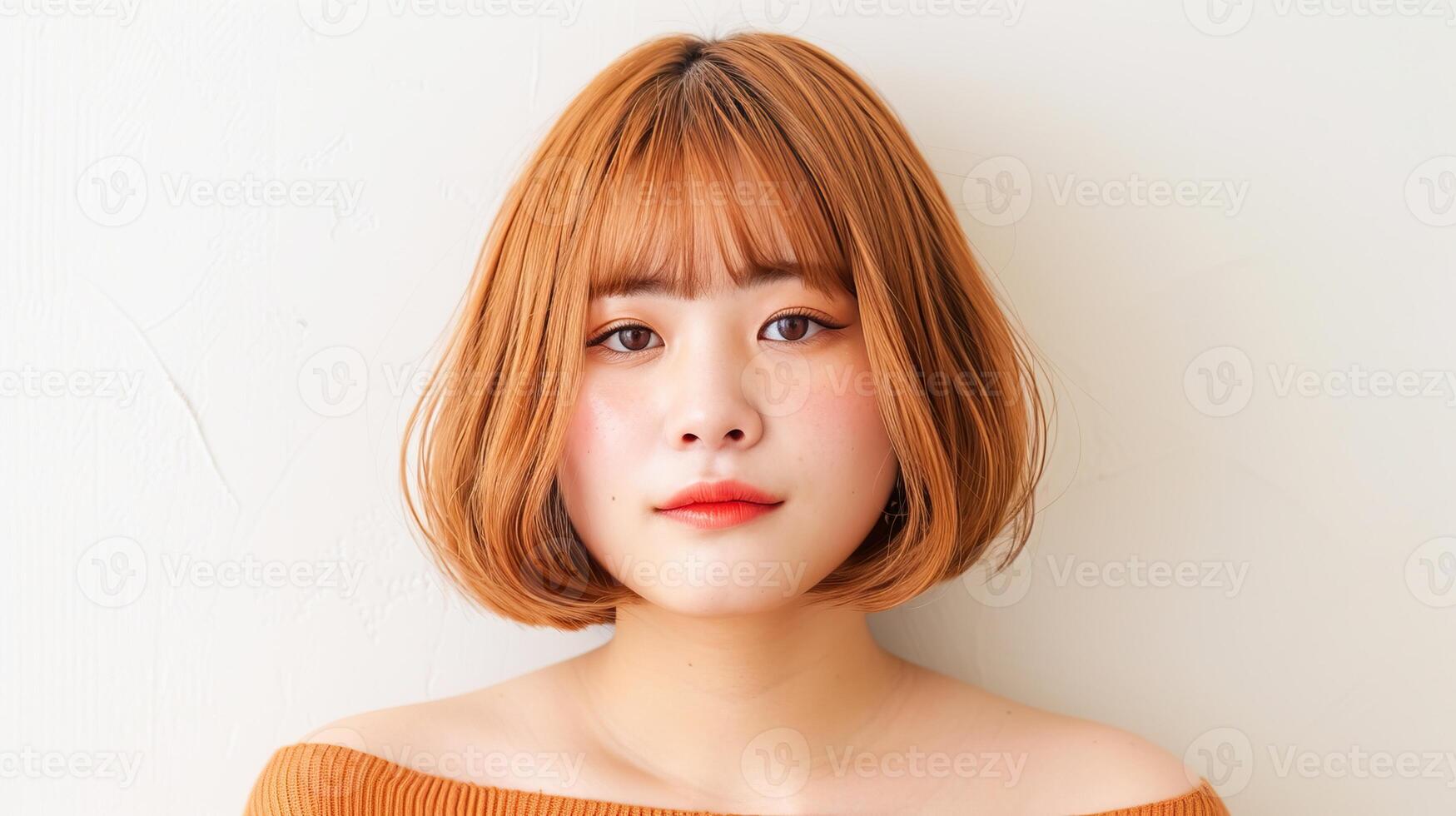 Portrait of a young woman with a short auburn bob and bangs, wearing a brown top, set against a white background. photo