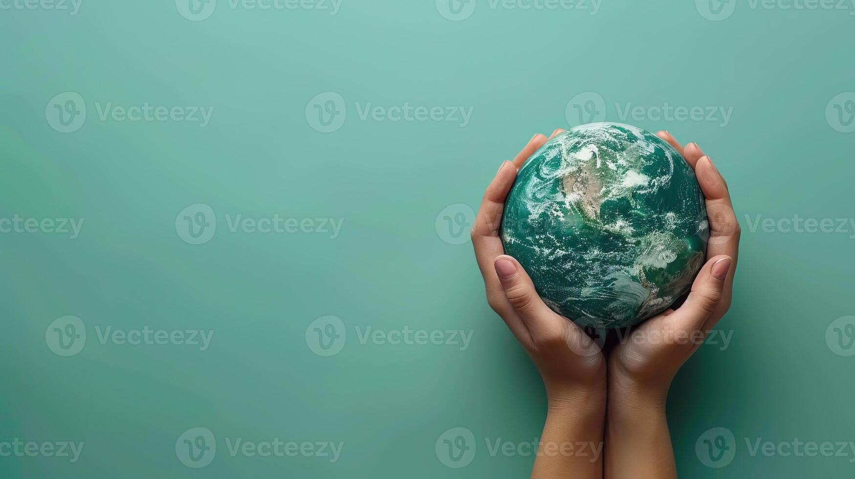 A pair of hands gently holding a small globe against a turquoise background, symbolizing global care and environmental protection. photo