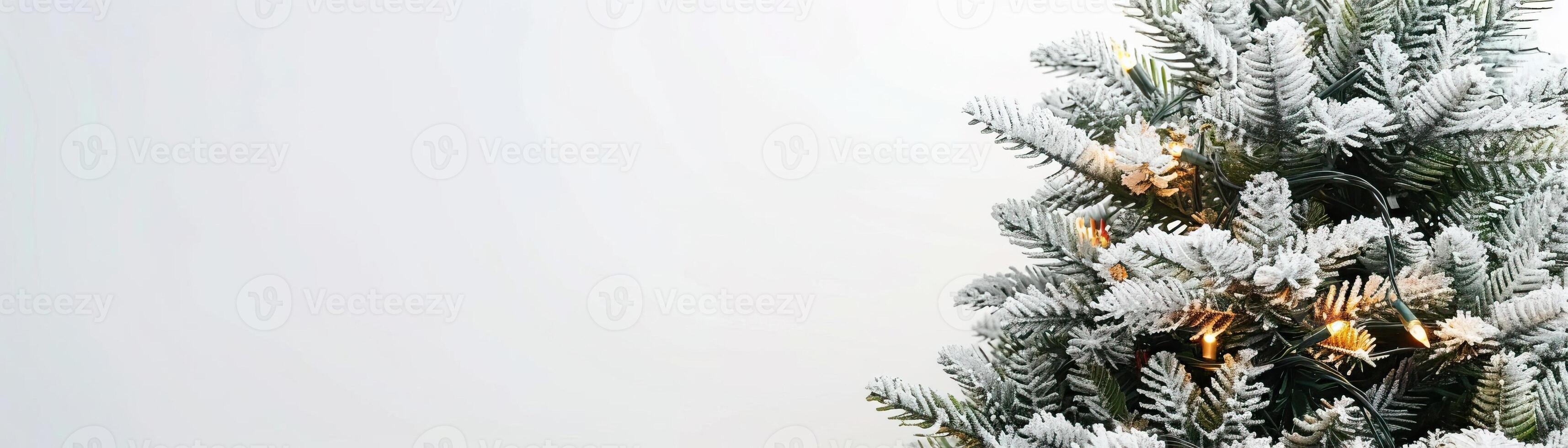 A high-key image of a tall Christmas tree, the garland lights intermingled with fine snow, set against a stark white background, broad space on the left for promotional text. photo