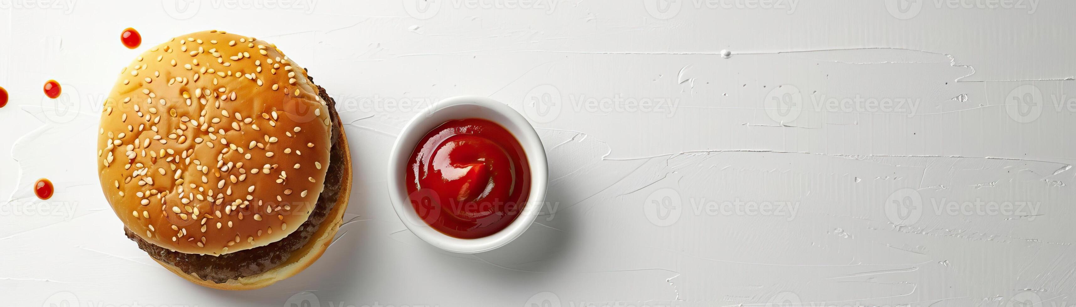 A minimalist, high-key setup with a beef burger beside a small bowl of ketchup, set against a crisp, white background, broad empty space on the right for promotional text. photo