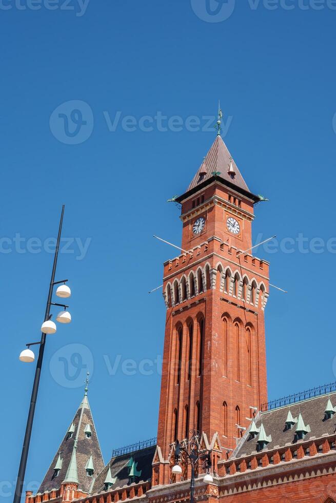 Red Brick Tower in Gothic Revival Style with Clock, in Helsingborg photo