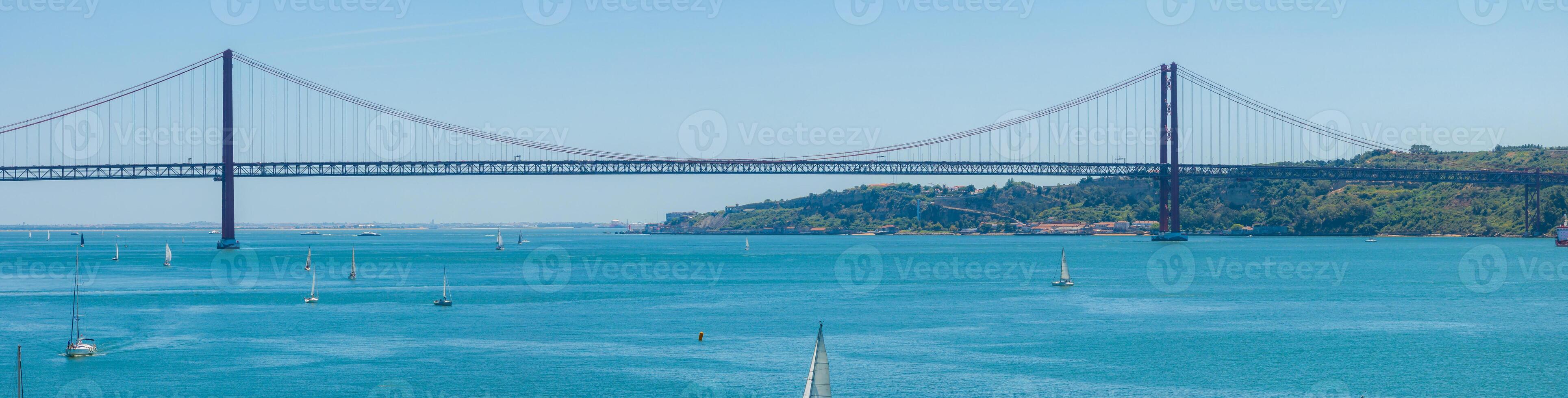 Aerial view of the 25th April Bridge - Ponte 25 de Abril - is a suspension bridge road-rail over the Tagus river photo