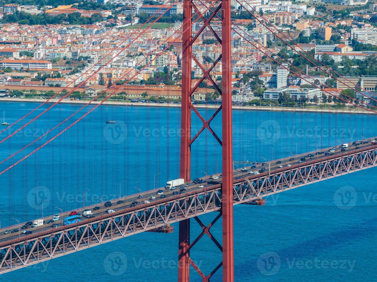 Aerial view of the 25th April Bridge - Ponte 25 de Abril - is a suspension bridge road-rail over the Tagus river photo