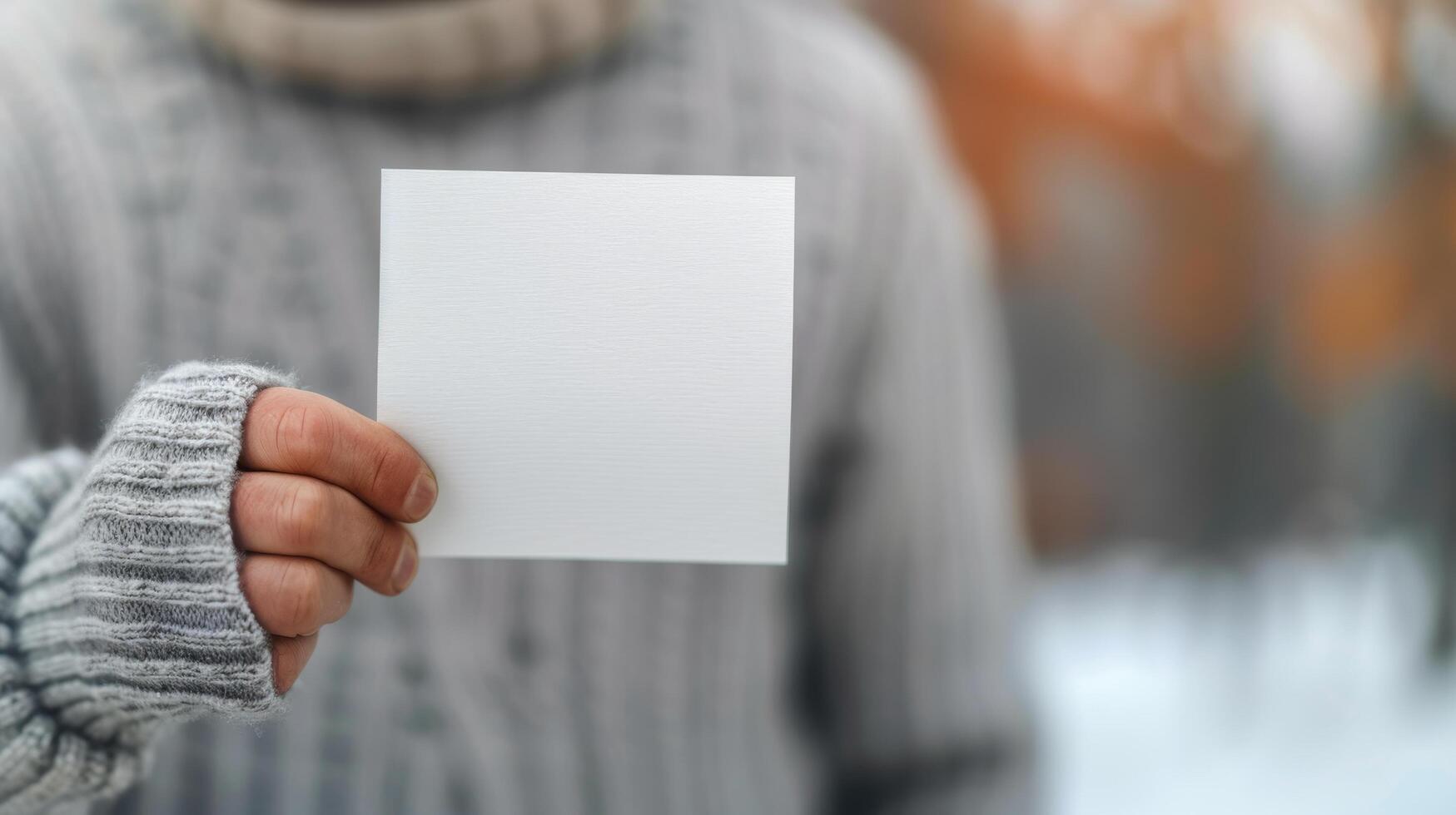 Person Wearing Sweater Holds Blank Square Paper Outdoors in Winter Setting photo