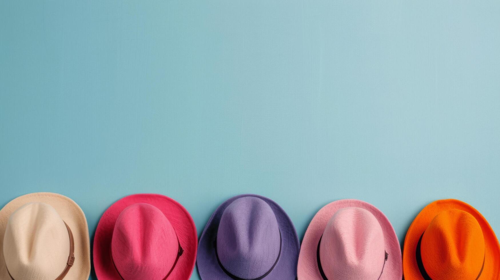Colorful Straw Hats Arranged Neatly on a Blue Background photo