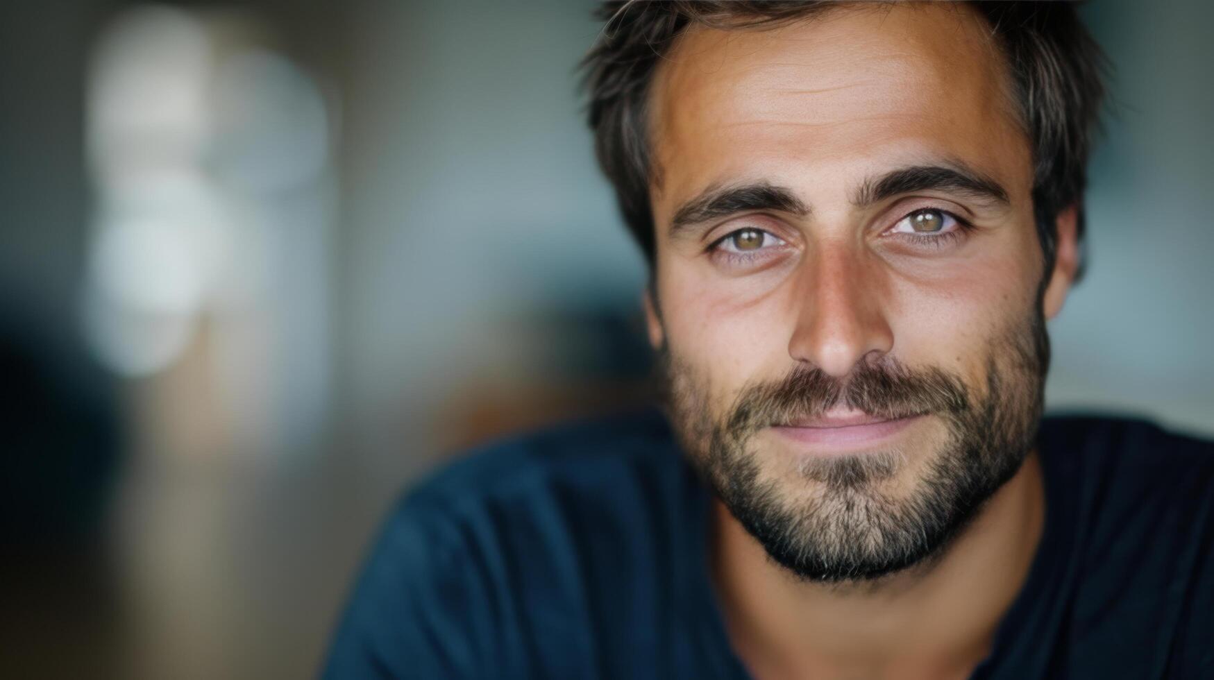 Close-Up Portrait of a Man With Intense Eyes and a Beard in Natural Light photo