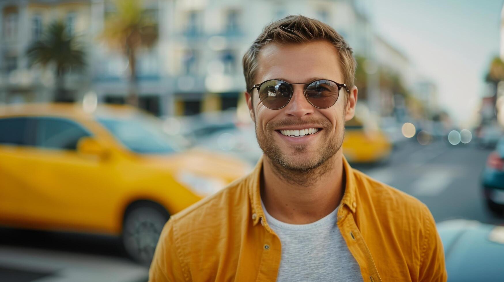 Smiling Man in Sunglasses Poses Near Vintage Yellow Car at Sunset photo