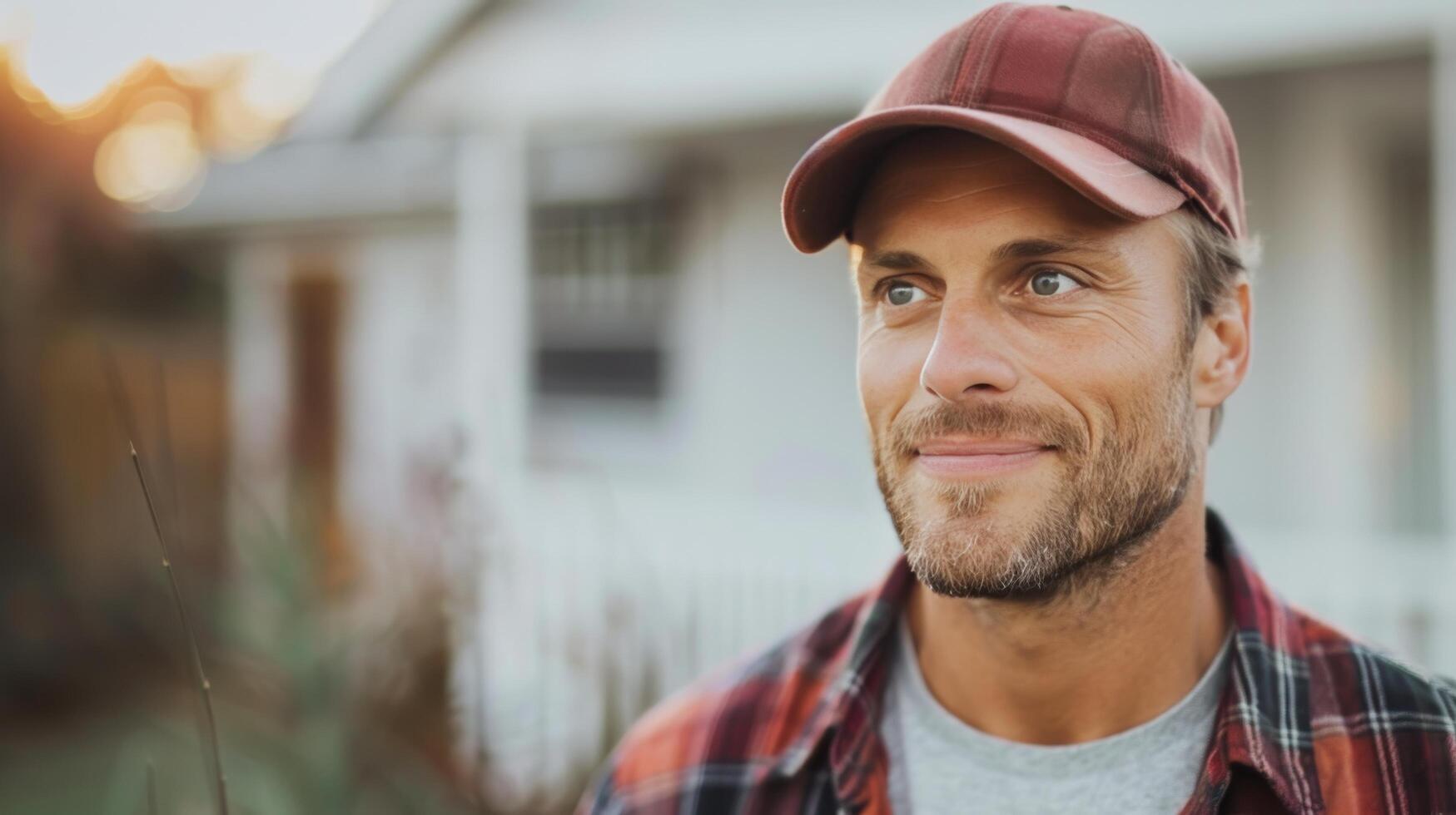 Elderly Man Smiling While Leaning Against a Wall in a Rural Outdoor Setting photo