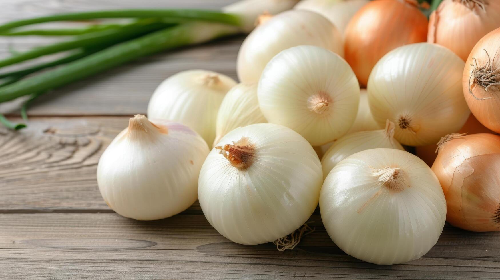 Fresh Onions Collected in a Woven Basket Arranged on Rustic Wooden Table photo