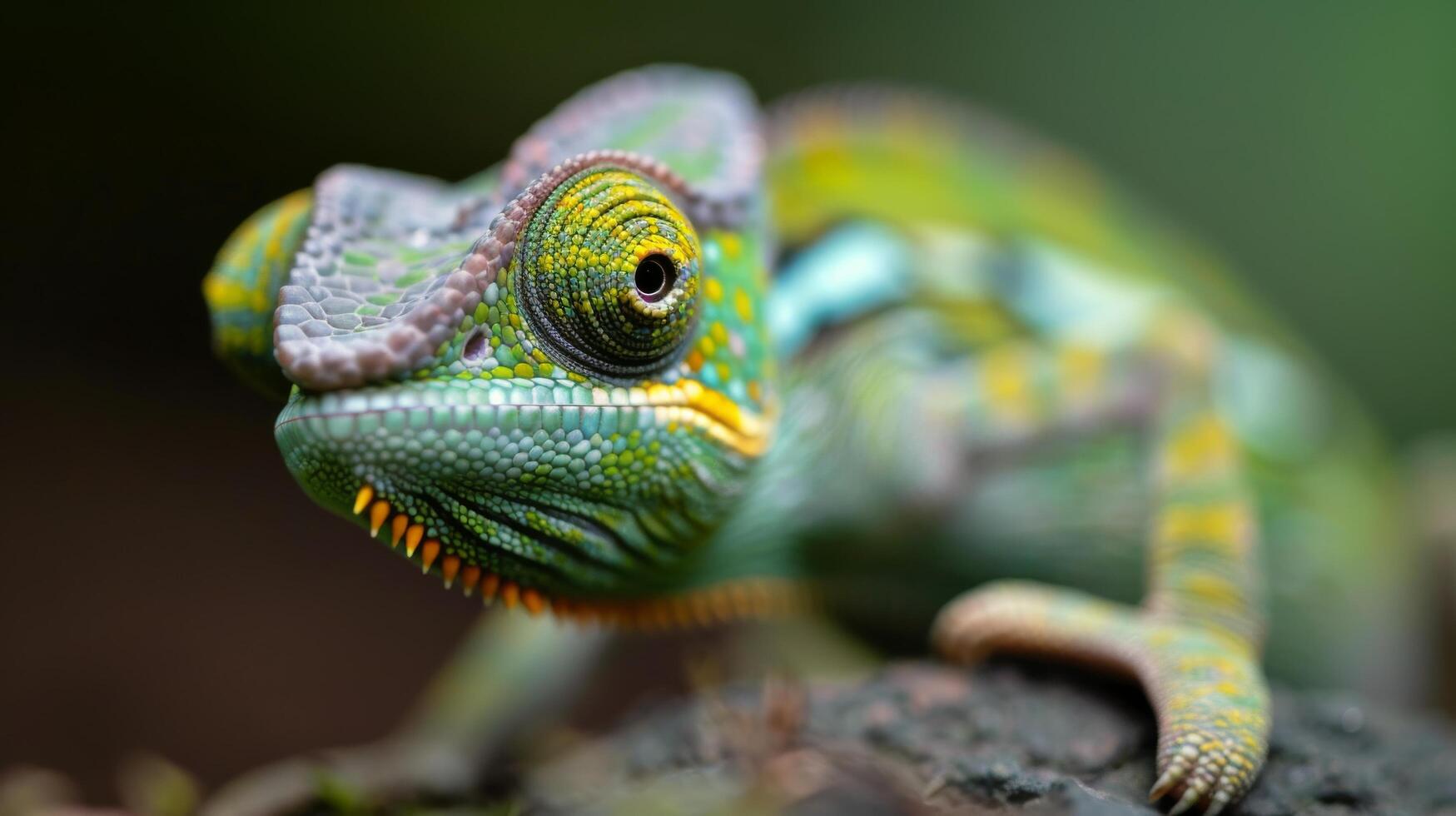 Close-Up of Colorful Chameleon on a Rock in Lush Green Environment photo