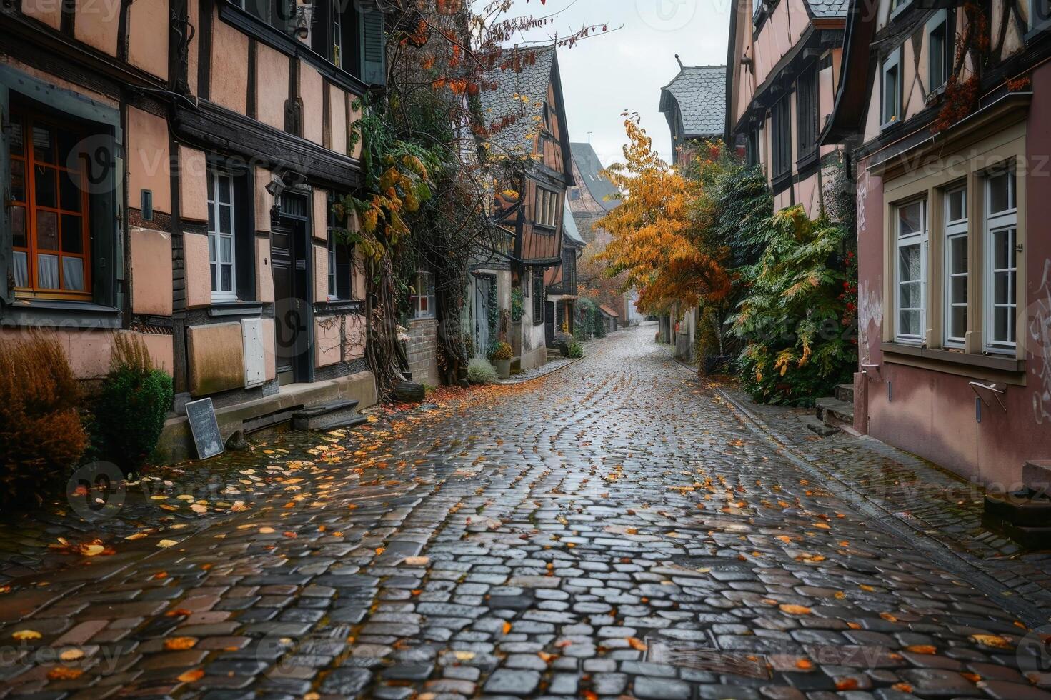 An empty cobblestone road in a historic town with old half timbered houses. AI generate photo