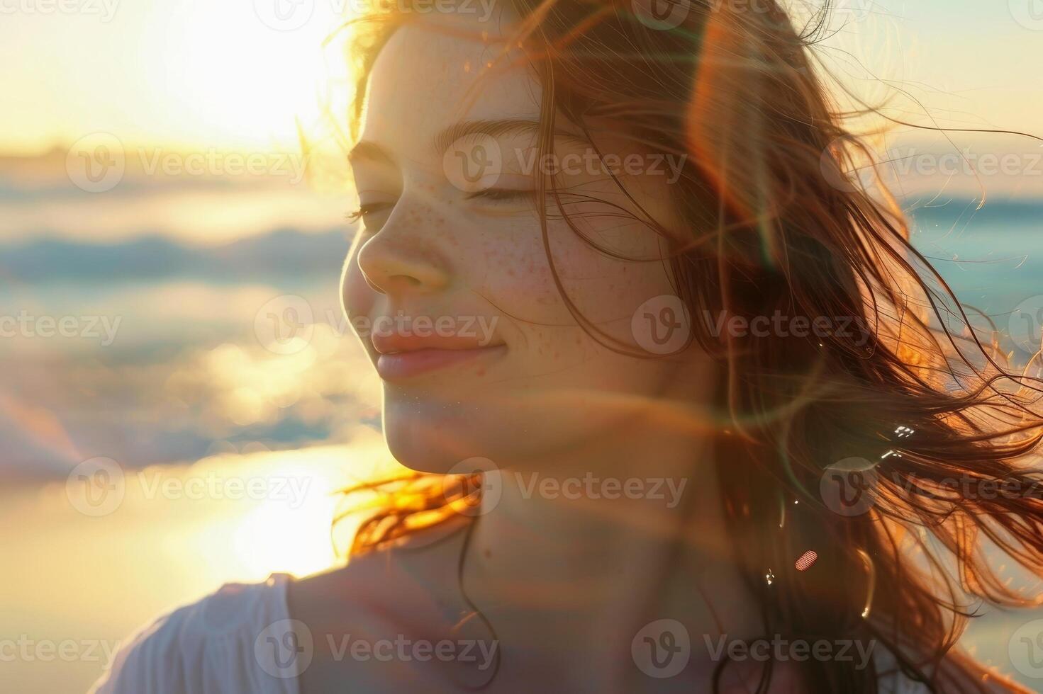 A beautiful woman on a beach enjoying the sunlight. AI generate photo
