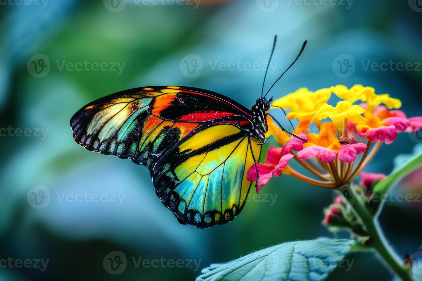 A close up shot of a brightly colored butterfly perched on a vibrant flower. AI generate photo