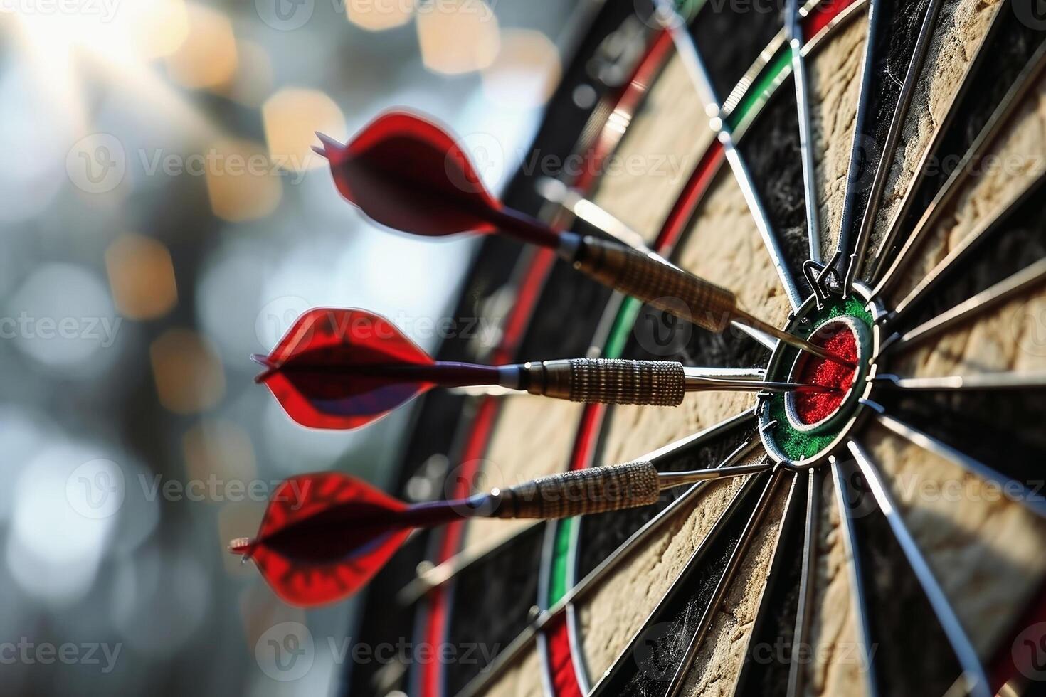 Three darts hitting perfect on the target bullseye. AI generate photo