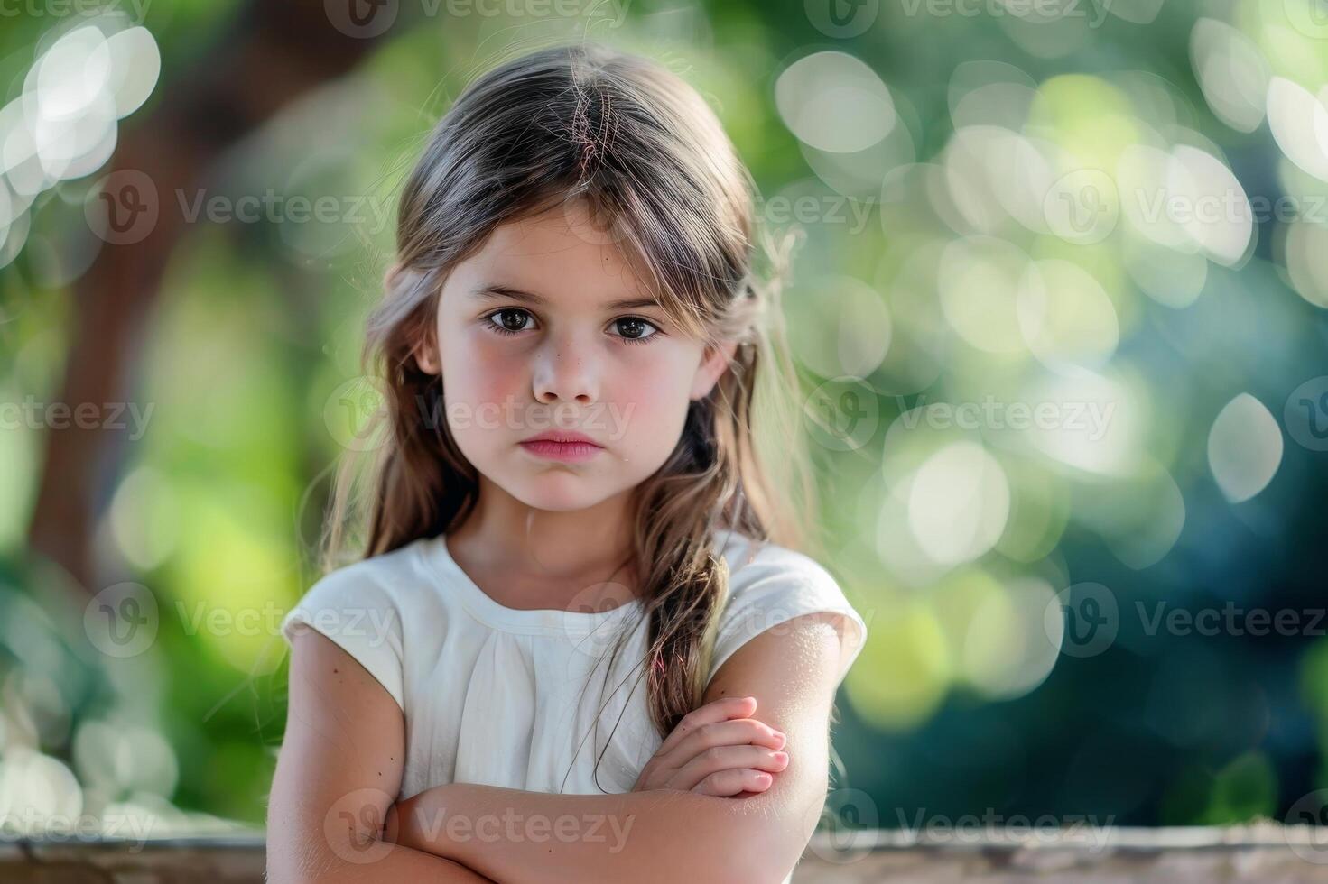 An offended little girl with her arms crossed. AI generate photo