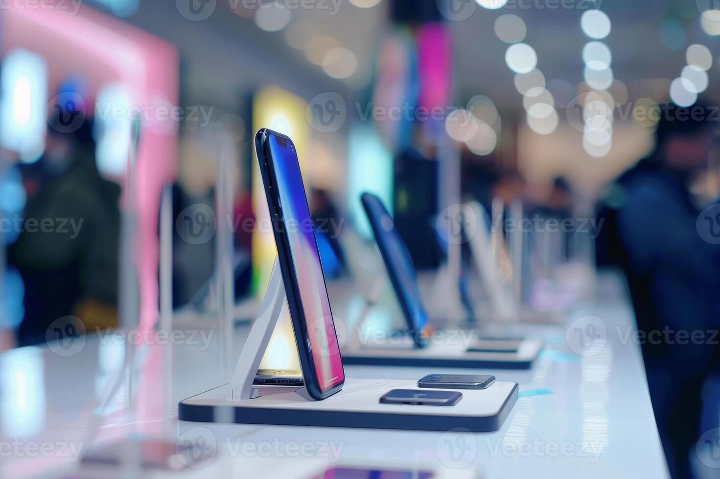 A smartphone store with the latest smartphones and people with a soft bokeh in the background. AI generate photo