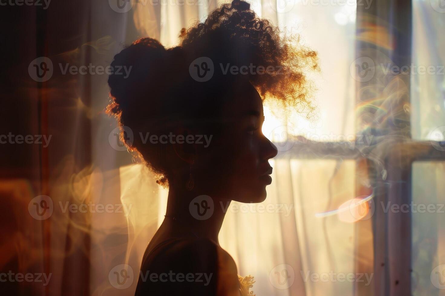 Silhouette of a woman against a window with sheer curtains softly filtering the sunlight. AI generate photo