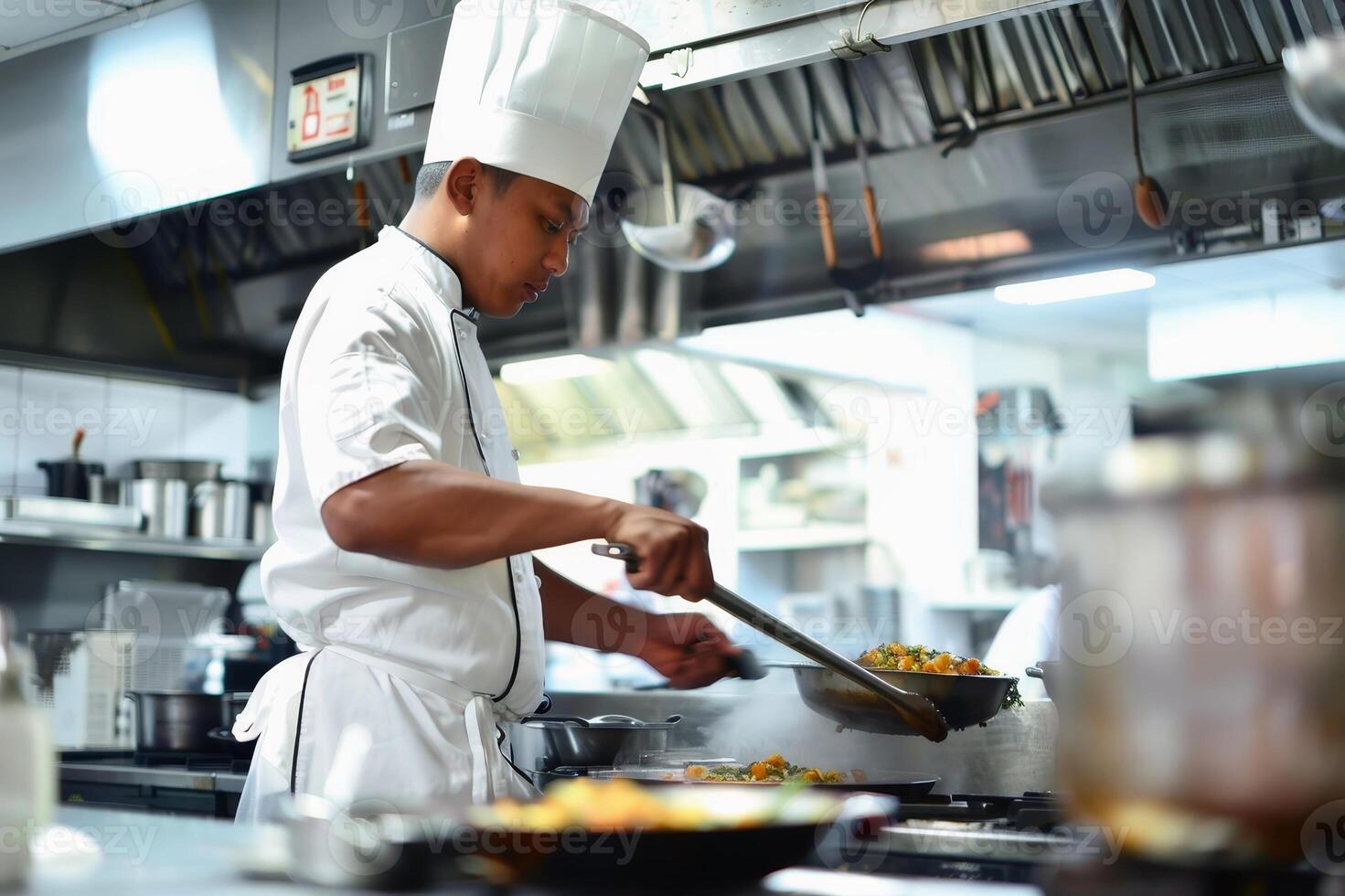 A professional chef at work in a modern kitchen. AI generate photo